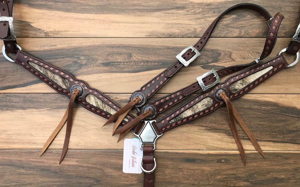 Western Brown Leather Tack set of Headstall & Breast collar with Hairon Overlay