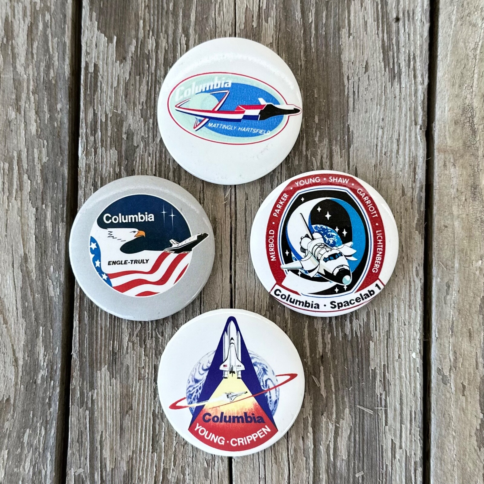 4 Vintage Original NASA COLUMBIA SPACE SHUTTLE Pins Pinbacks Lot 1980s NOS