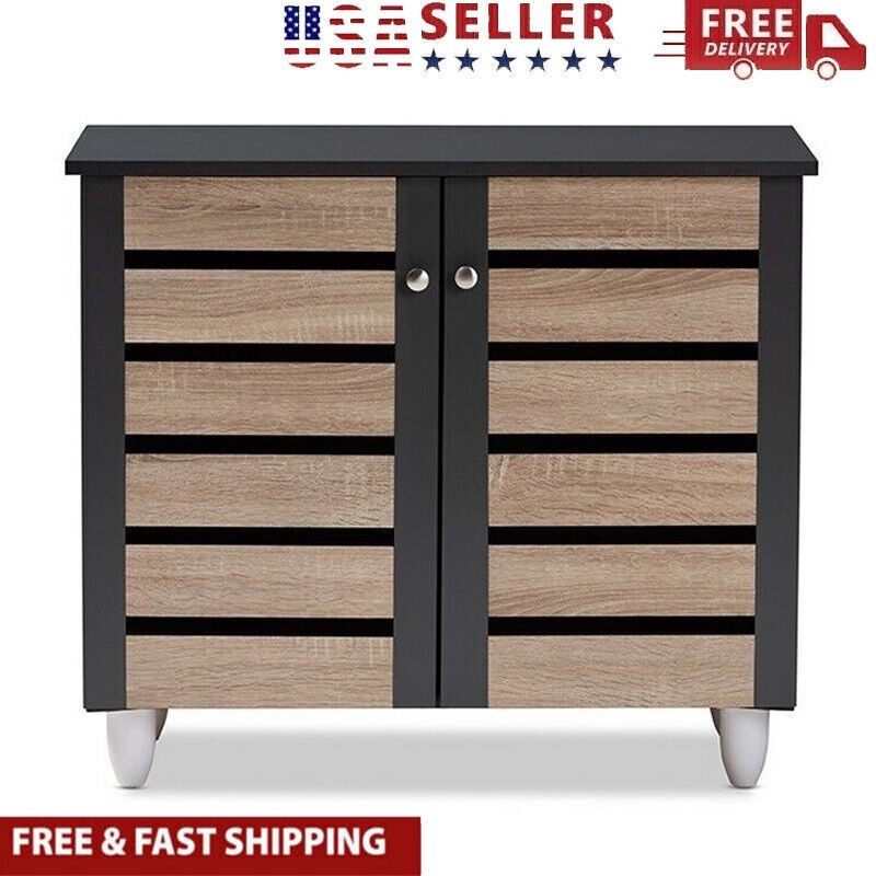 Shoe Storage Cabinet W/ 2-Door & 2 Shelves Standing Rack Wood Organizer Entryway