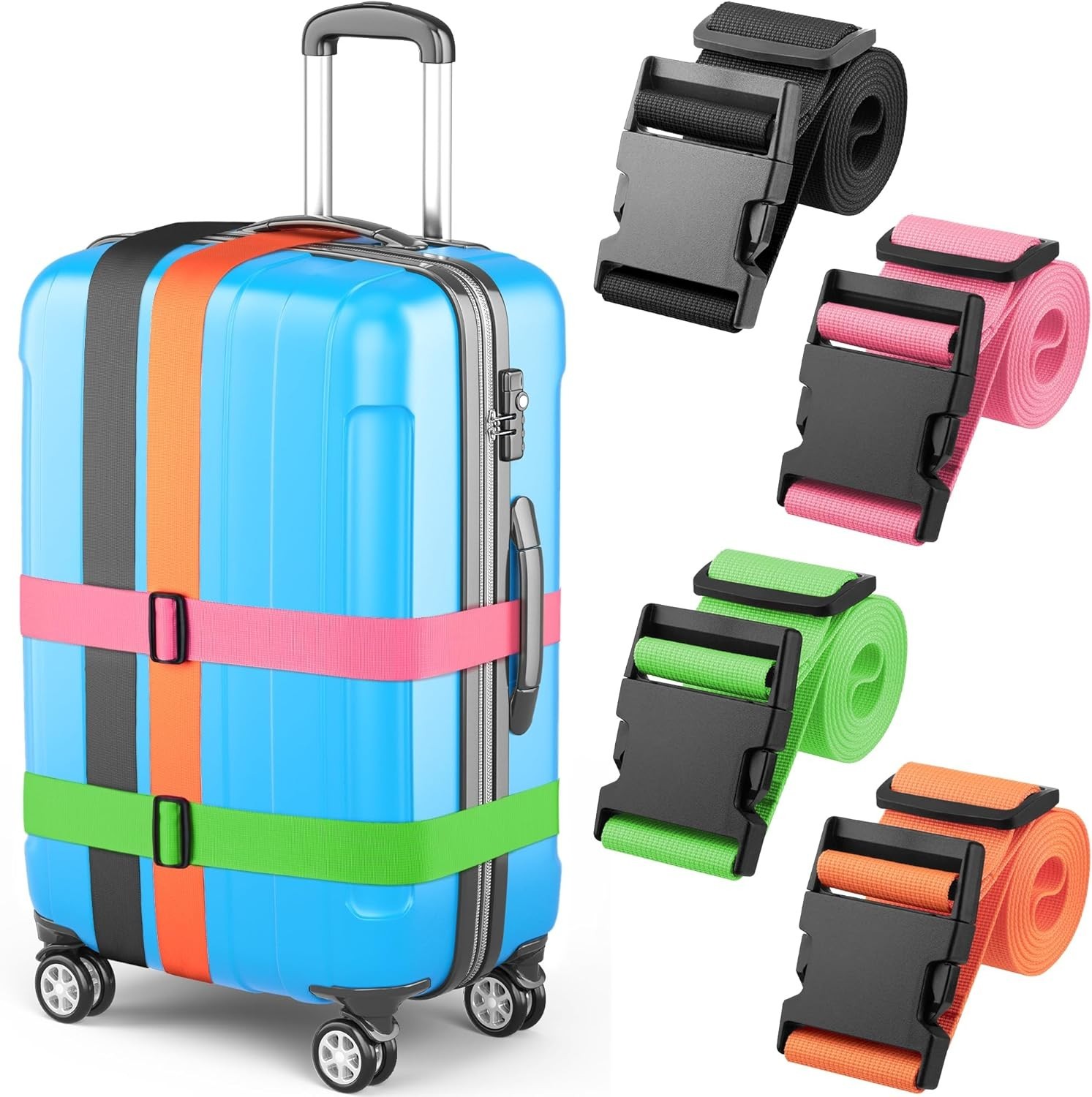 Luggage Straps Multicolored 78" Long 2 Inches Wide 4 Pack Adjustable Nylon Belt