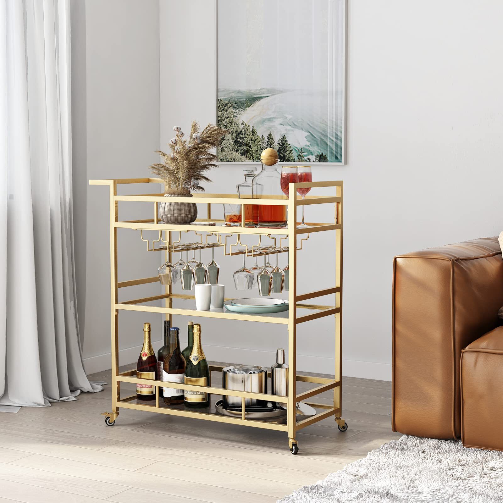 Gold Bar Carts With 3 Tier Glass Shelves Rolling Serving Bar Cart With Wine Rack