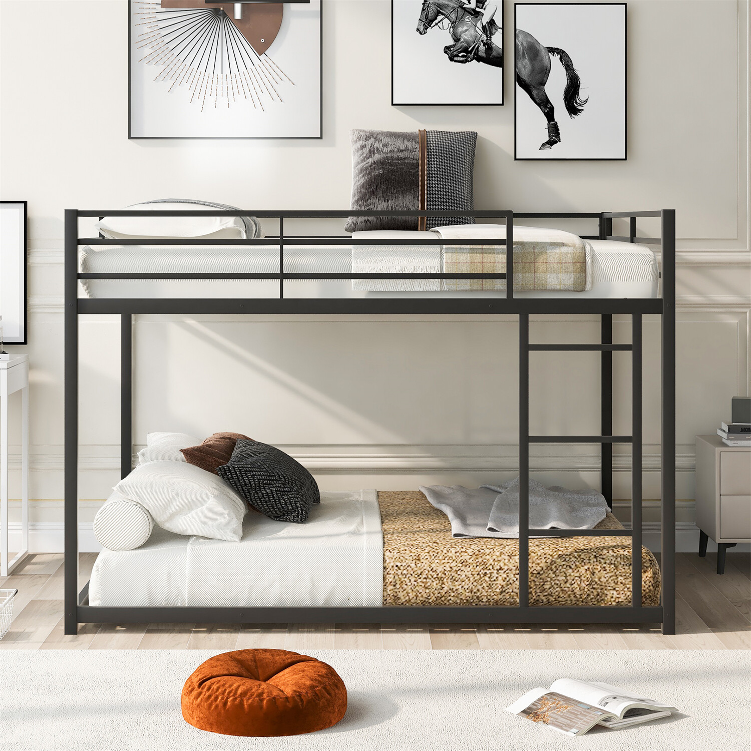 Full Over Full Metal Bunk Bed Heavy Duty Metal Floor Bunk Bed Frame w/ Ladder