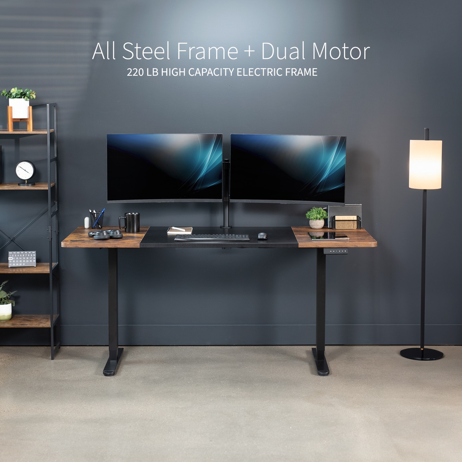 VIVO Electric Dual Motor 71” x 30” Desk, Black & Vintage Brown Top, Black Frame