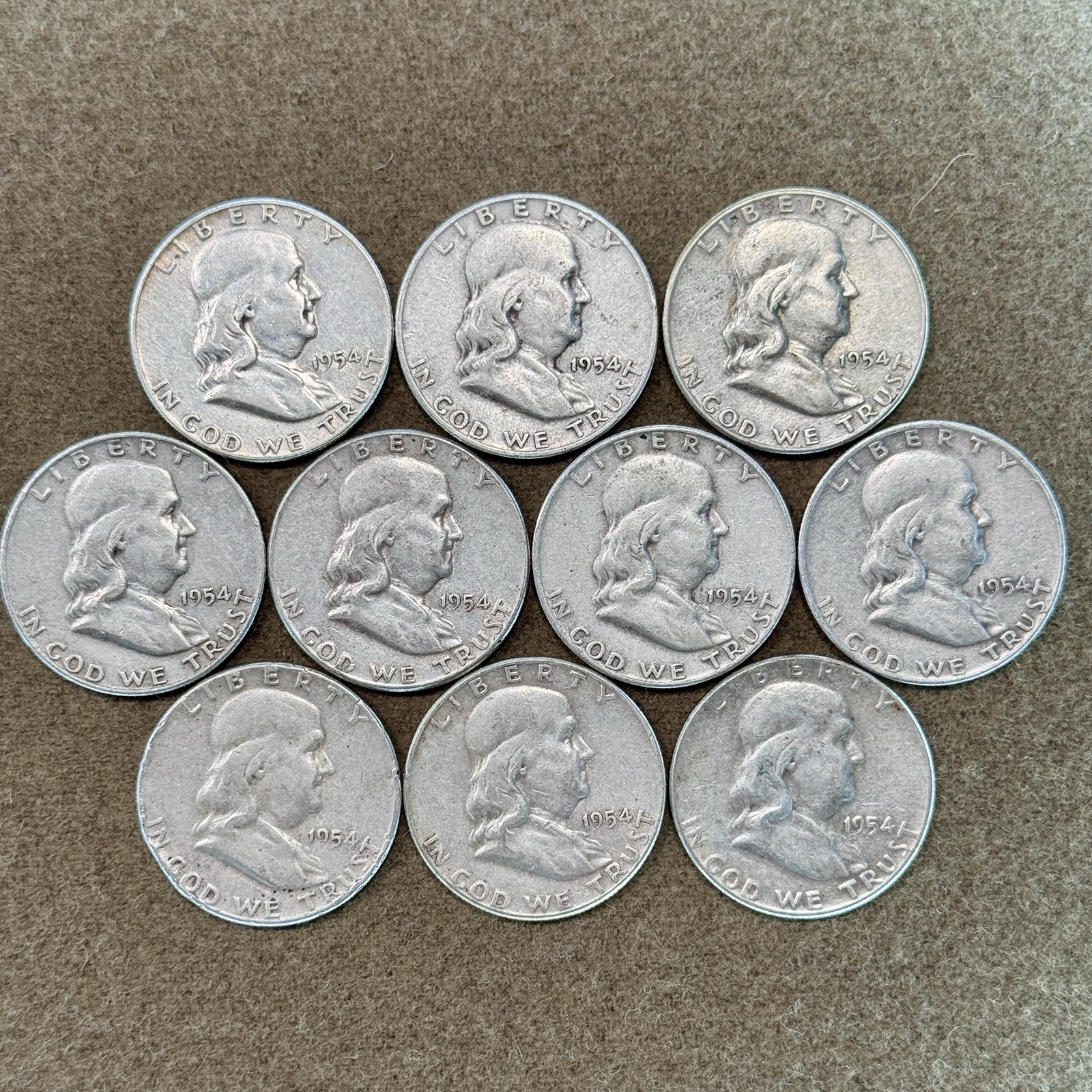 [Lot of 10] 1954 Franklin Half Dollars - 90% Silver - Choose How Many Lots of 10