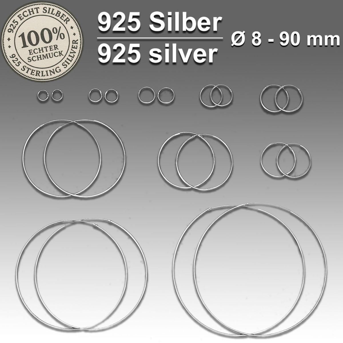 Real 925 Sterling Silver Hoop Earrings Silver Small to XL Large 8 10 12-90mm