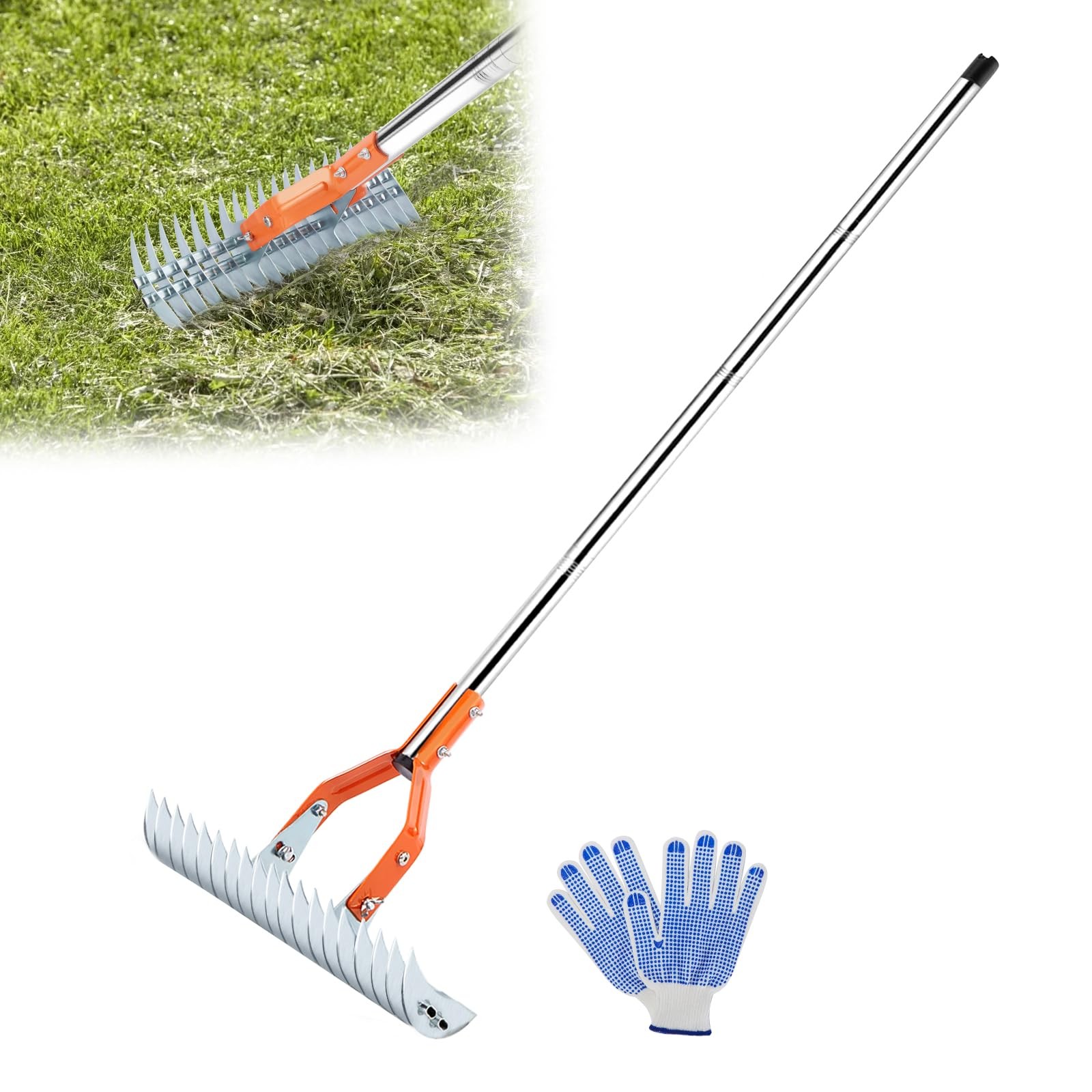 Thatch Rake, 15 Inch Lawn Thatching Rake, Heavy-Duty Dethatcher Rake with Glo...