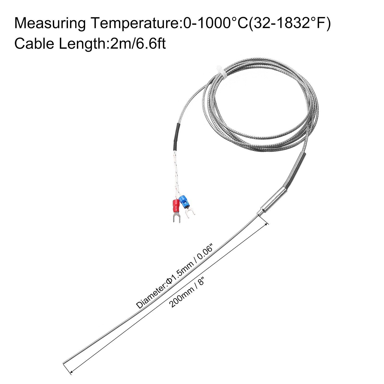 K Type Thermocouple Temperature Sensor Probe 1.5x200mm 6.6ft Wire