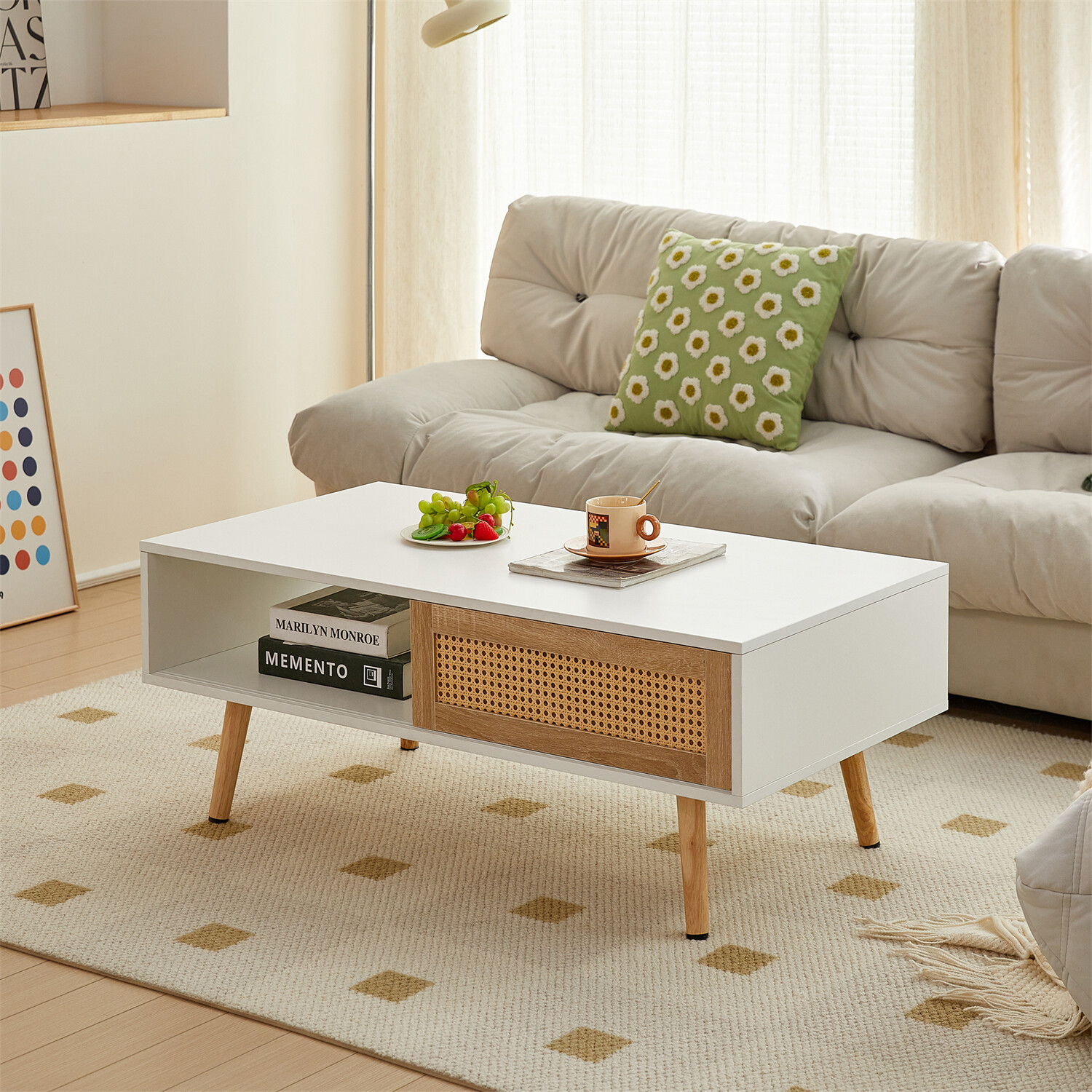 Coffee Table Center Cocktail Table Rattan Side End Table for Living Room