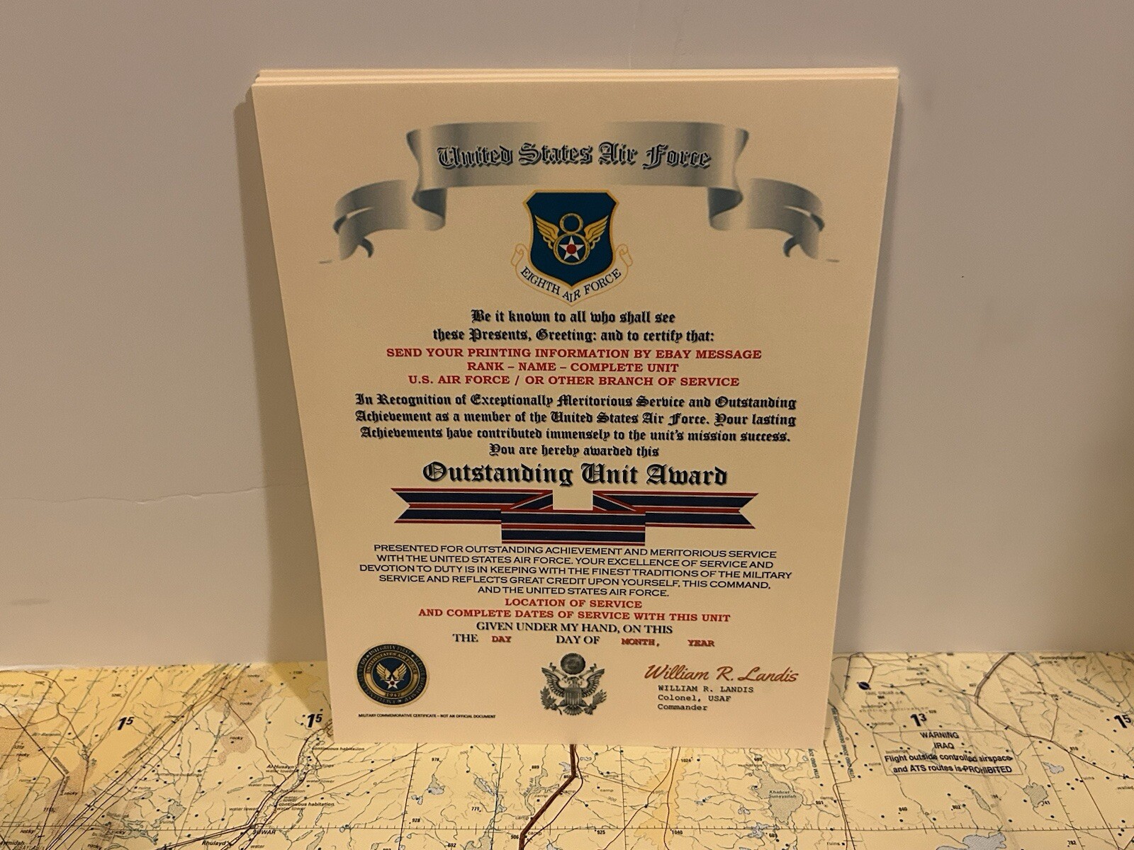 U.S. AIR FORCE / EIGHTH AIR FORCE - OUTSTANDING UNIT AWARD CERTIFICATE