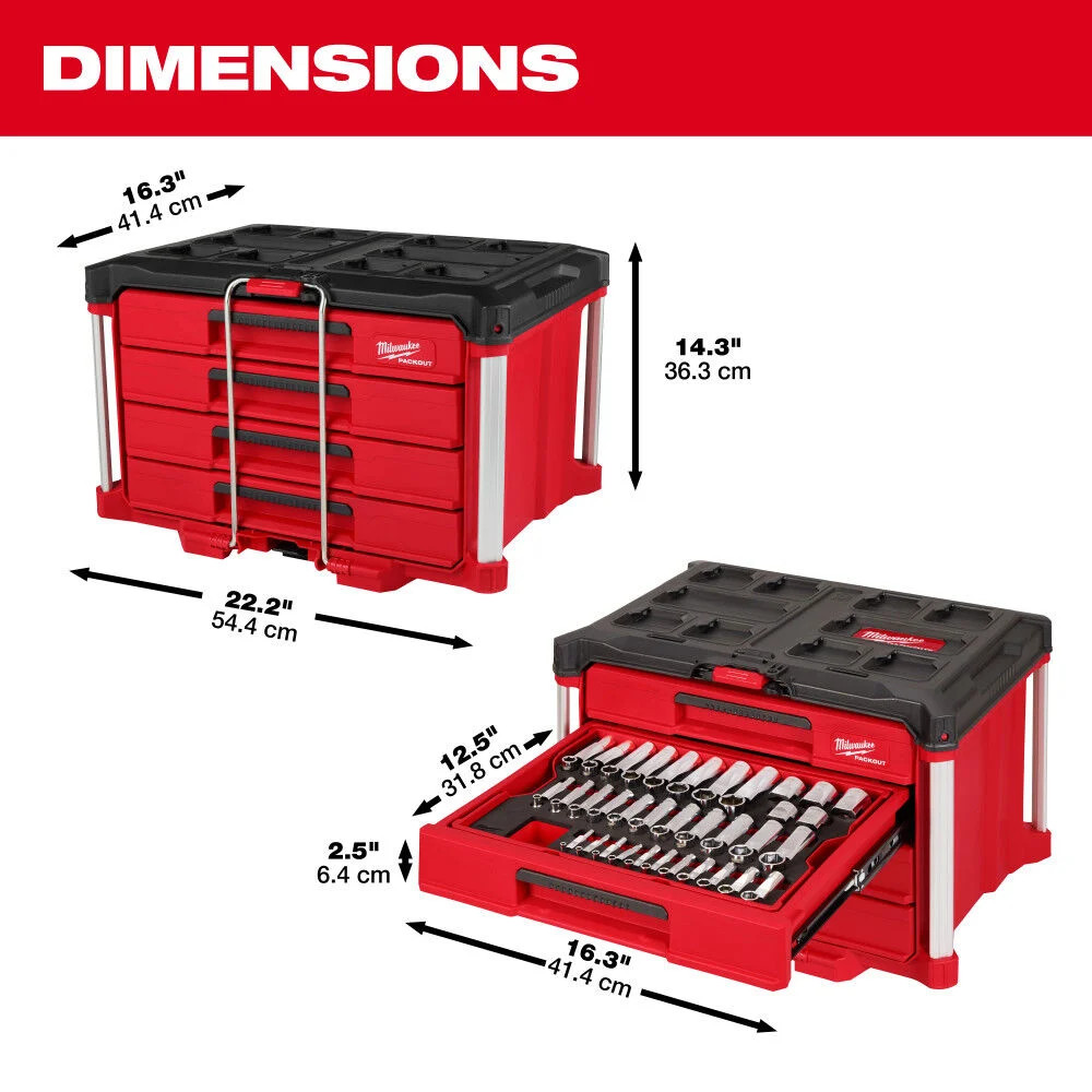 Milwaukee Hand Tool Set With Packout 4 Drawer Tool Box, 64 Pieces