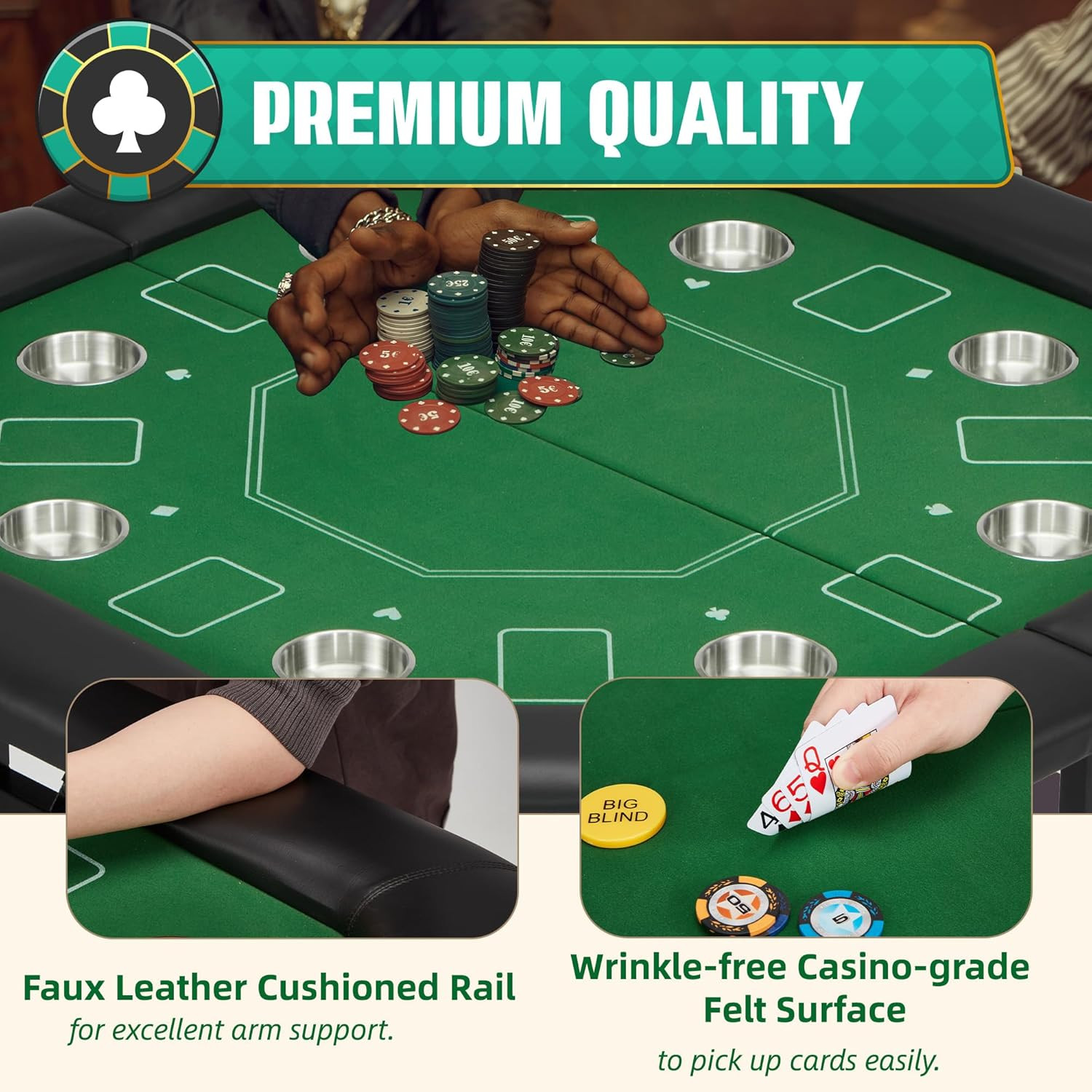 8-Player Poker Table Foldable, Casino Leisure Gaming Table with Padded Rails & S
