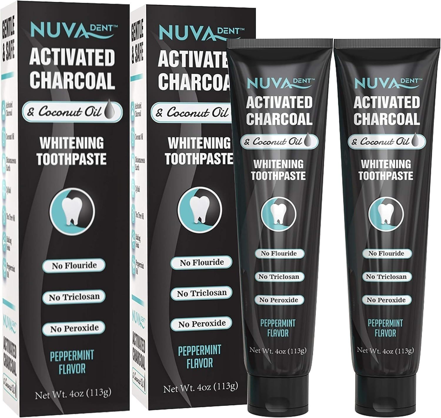 Activated Charcoal Toothpaste 2 Pack Coconut Oil Mint Fluoride Free