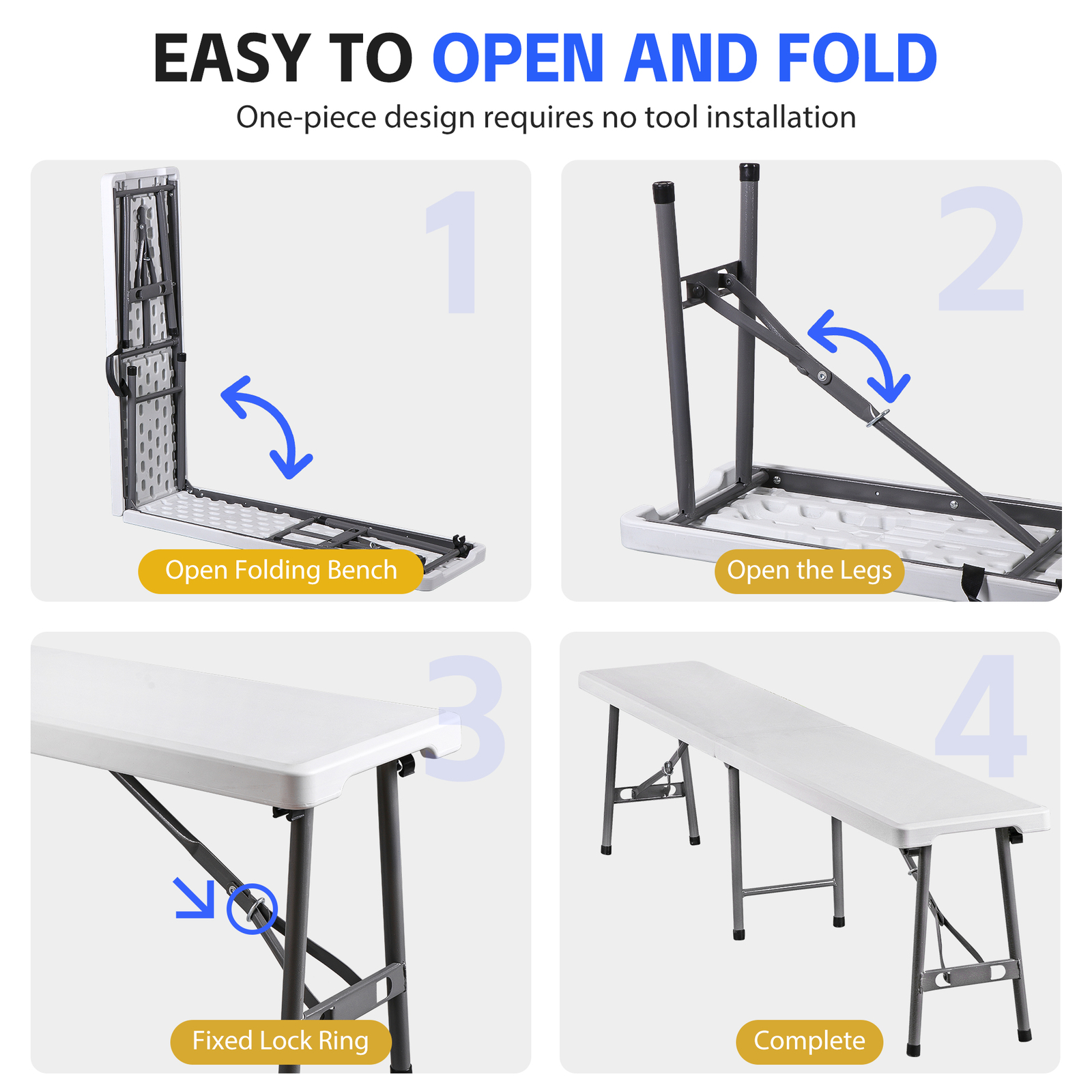 Folding Bench 6FT Plastic Folding Bench with Handles for Party Camping Picnic
