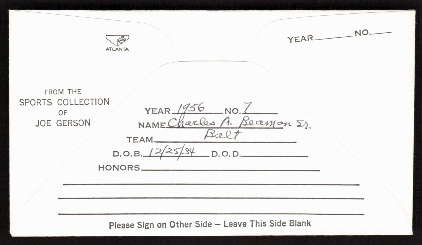 Charlie Beamon Signed Baseball Postal Envelope Baltimore Orioles Autograph