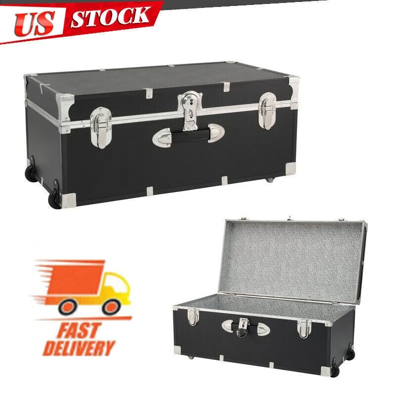 25 Gallon Wood Plastic and Metal Trunk With Wheels & Lock Dorm Storage Black