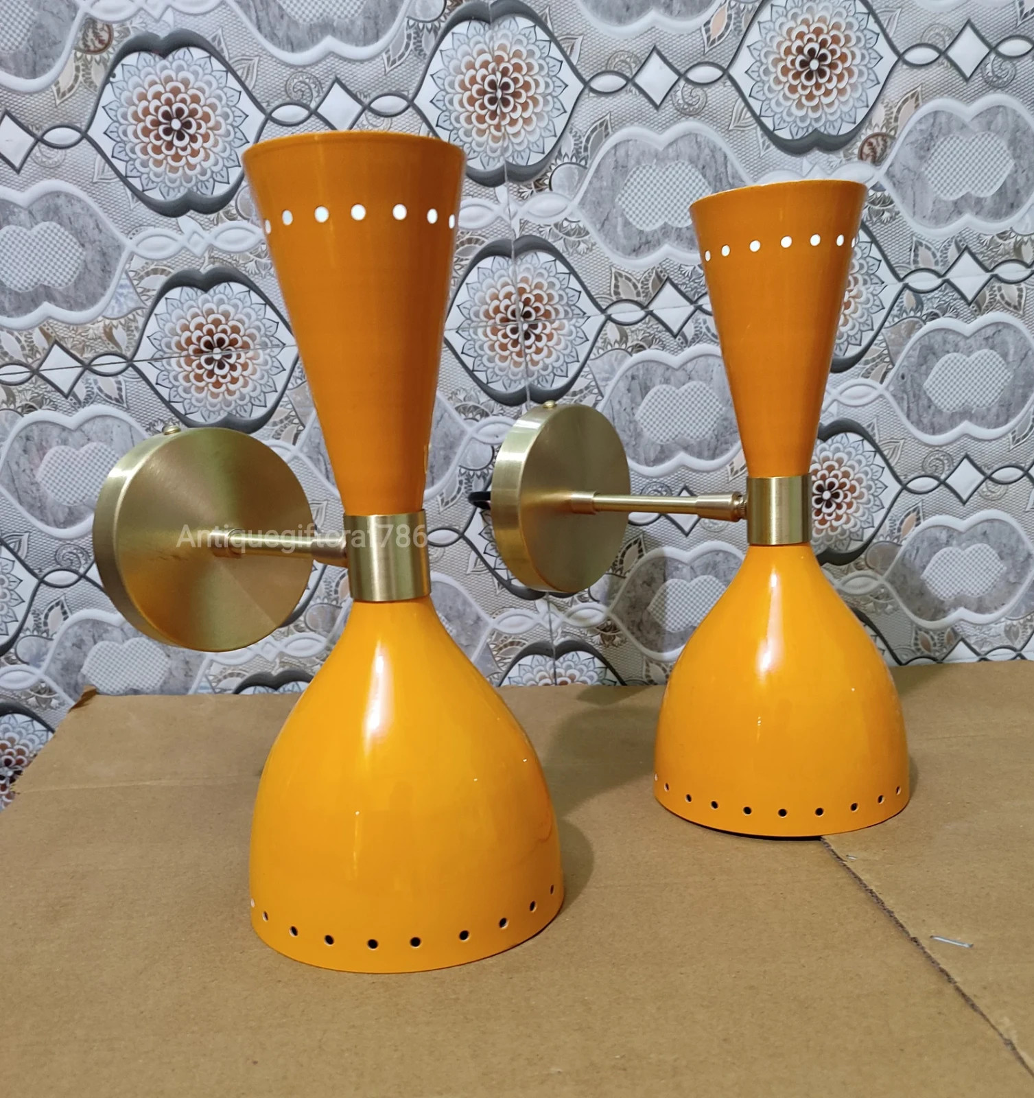 1950's Mid Century Brass Italian Diabolo Wall Sconce Light Fixture Lamp Pair Set