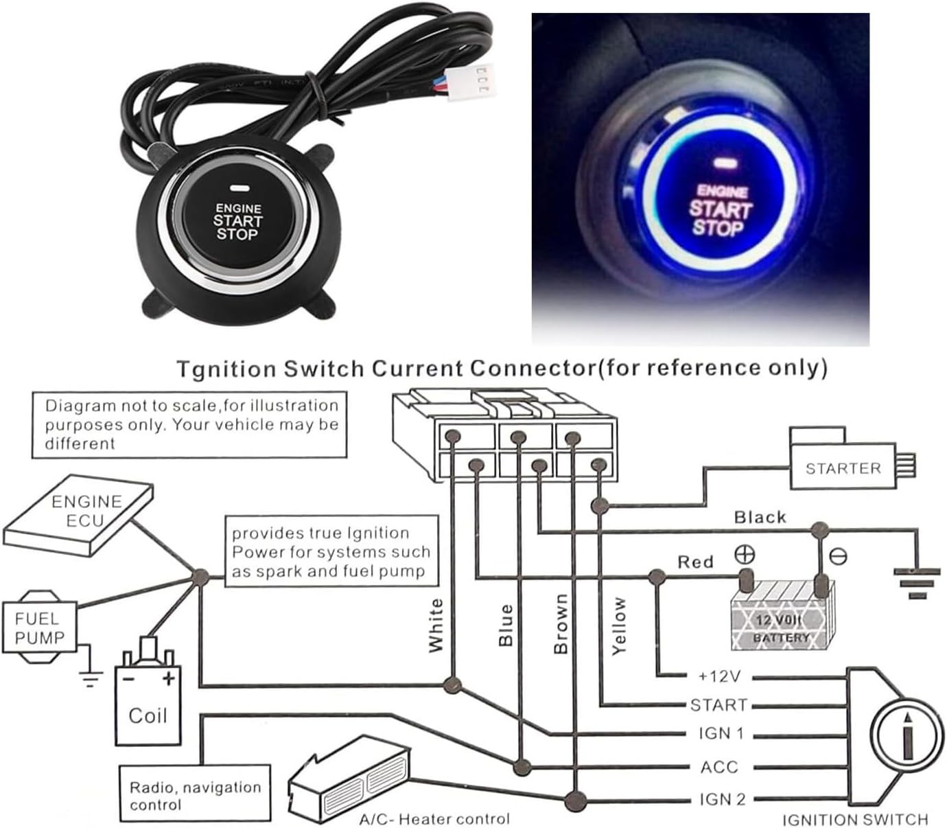 12V Cars Ignition Switch RFID Engine Start Push Button Keyless Entry Starter Kit