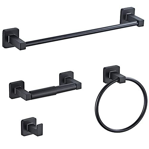 Matte Black Bathroom Hardware Set 4 Pieces Towel Bar Set Stainless Steel Wall Mo