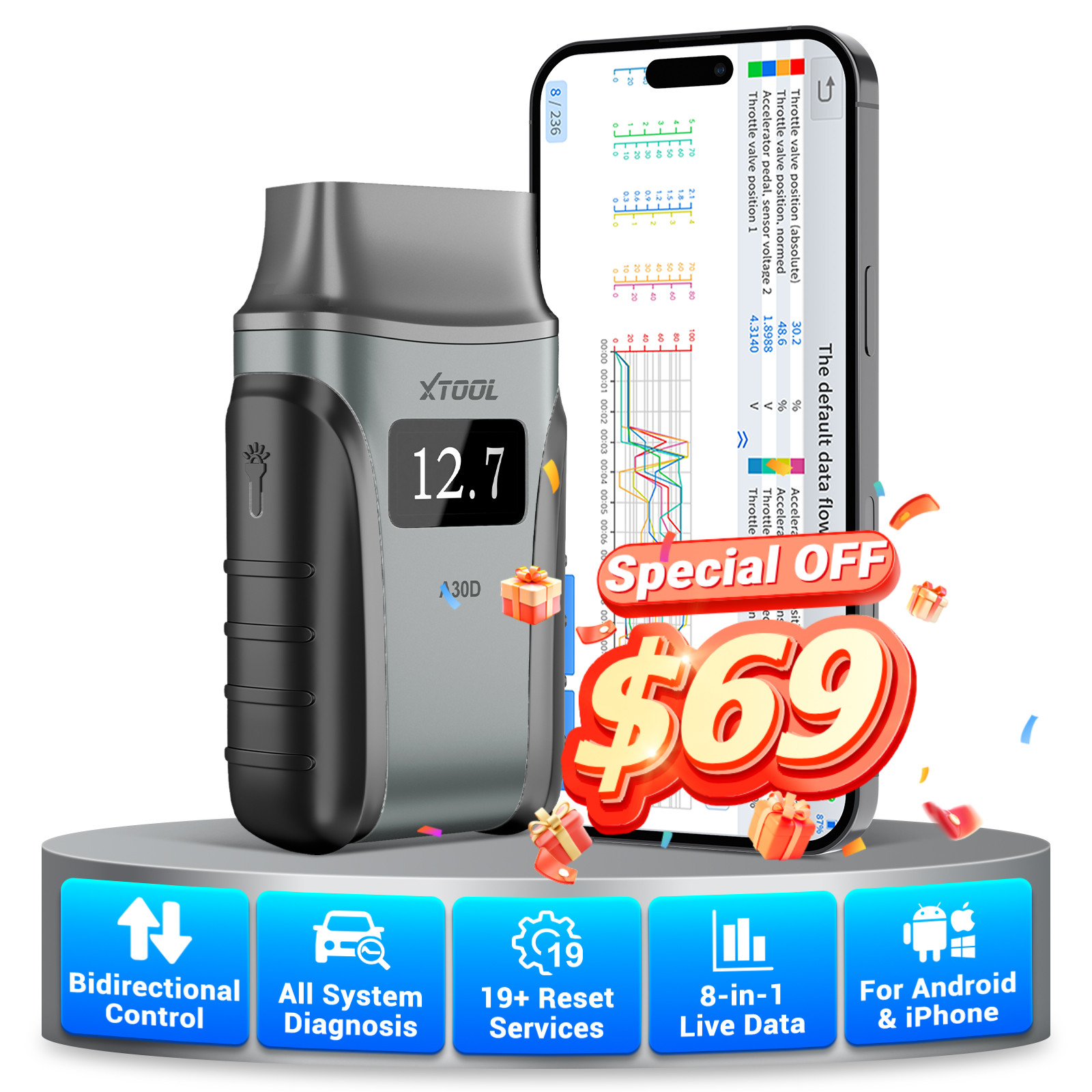 2026 XTOOL A30D V2.0 BT OBD2 Scanner Car Bi-directional Diagnostic Tool 19+Reset