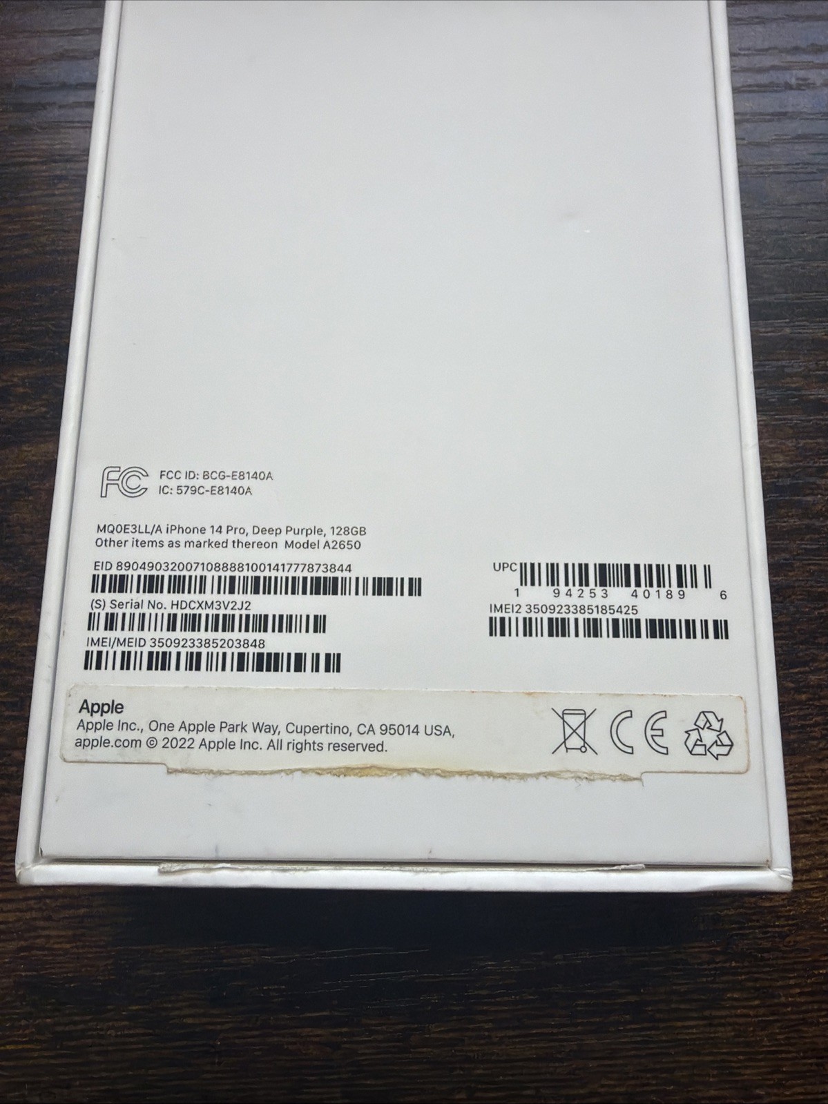 APPLE iPhone 14 Pro Deep Purple 128GB- Box ONLY