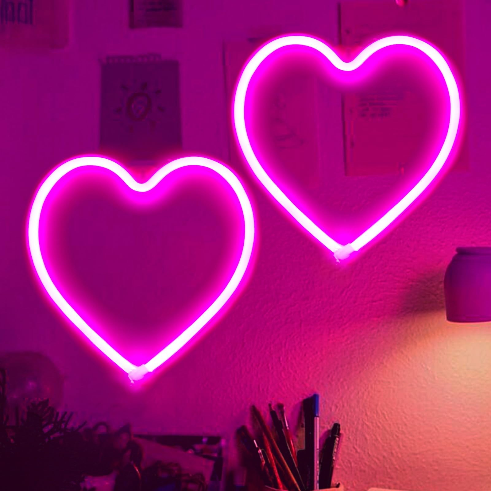 2-Pack Pink Heart Neon Sign, Neon Heart Lights Battery Operated or USB Powere...