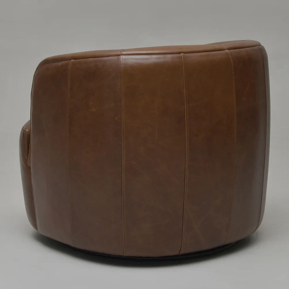 Open Box -34" Wide Genuine Leather Swivel Barrel Chair (Retail price $749)