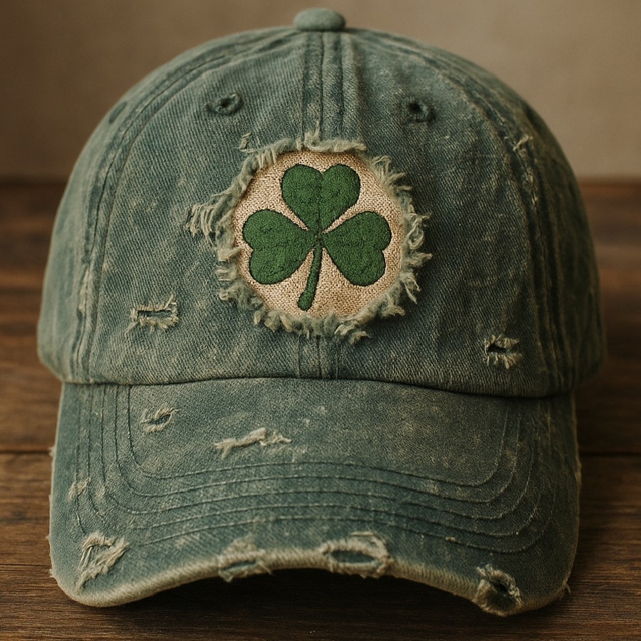 Distressed Shamrock Embroidered Cotton Cap - St. Patrick's Day Green Clover Hat