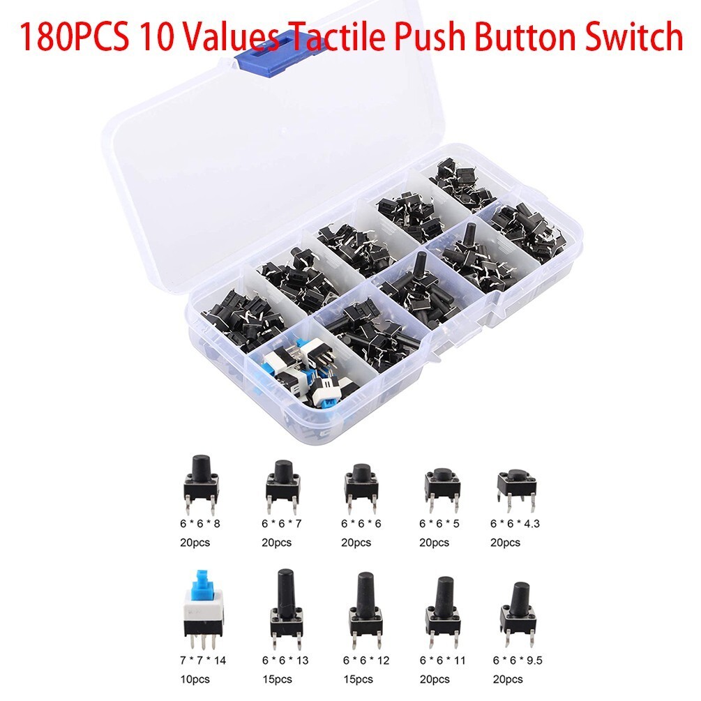 180Pcs 10 Value 4.3-14mm Small Miniature Momentary Tactile Push Button Switch