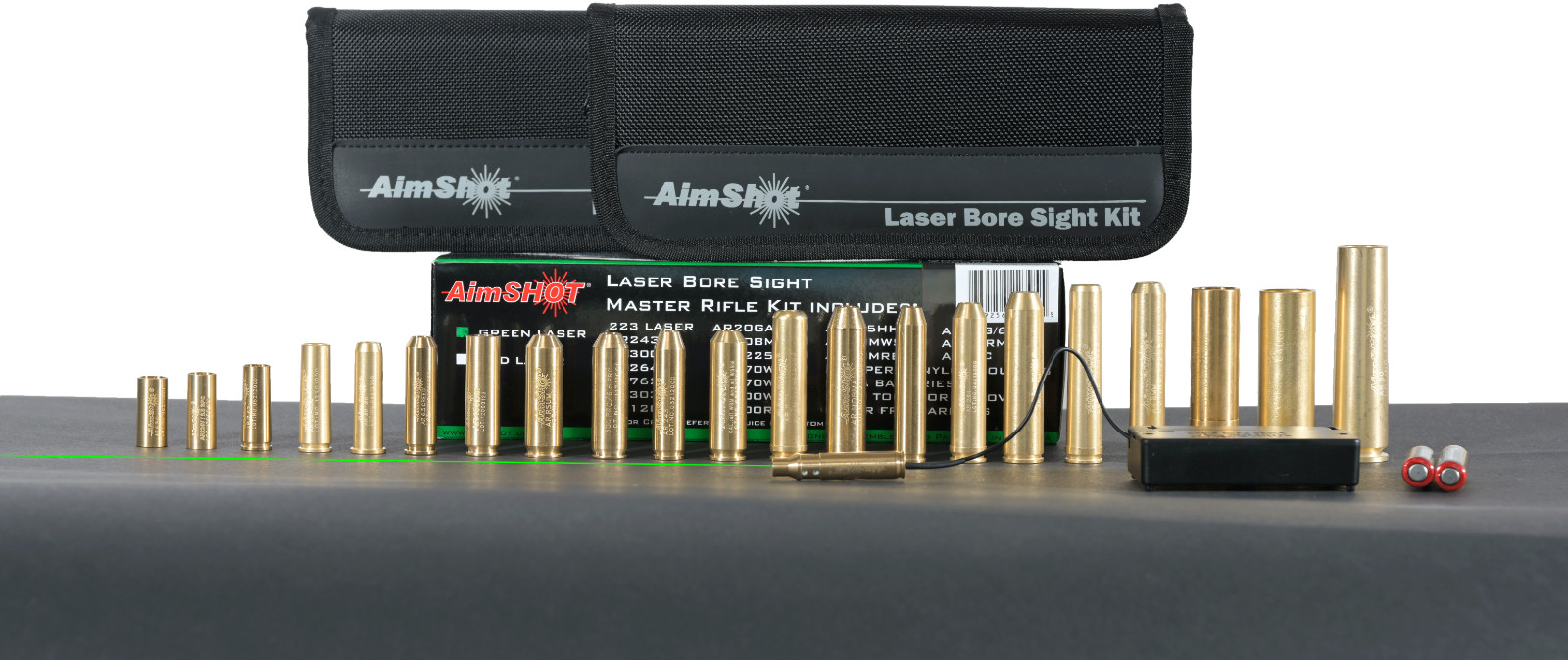 AimShot Master2 Green Laser Bore Sight kit with 223 green laser and 21 arbors