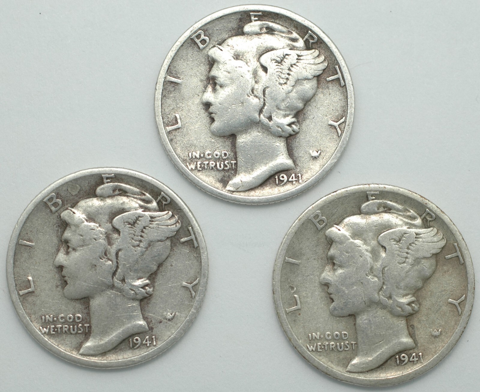 1941-P-D-S Winged Liberty Mercury Silver dime mint year set of 3 coins