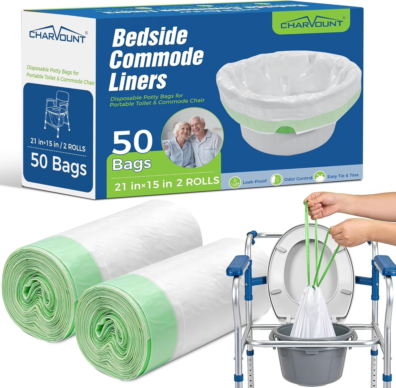New Disposable Bedside Commode Liner Bags [Pack of 50]- Odor-Control Leak