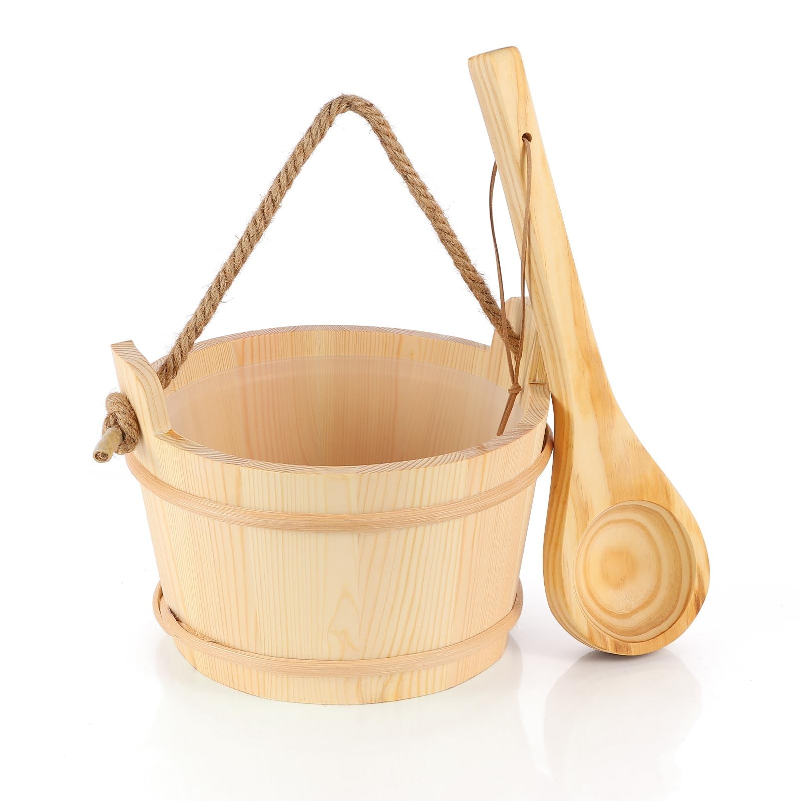 Wooden Sauna Bucket and Ladle Set, Handmade from Natural Pine with Rope Handl...