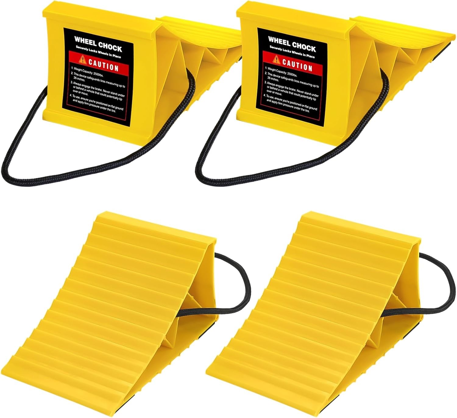 Wheel chocks for trailer, 4 mounted anti-skid blocks with easily removable cords