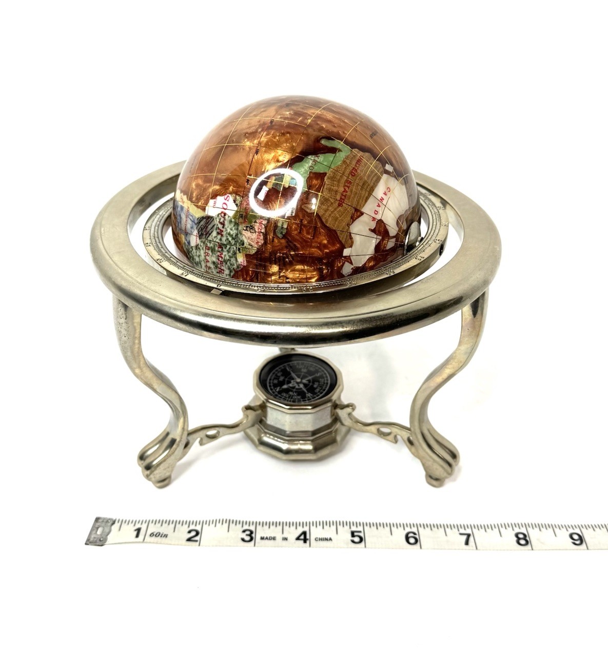 Vtg Kalifano Rotating Copper Amber Opalite Gemstone Globe Silver Stand