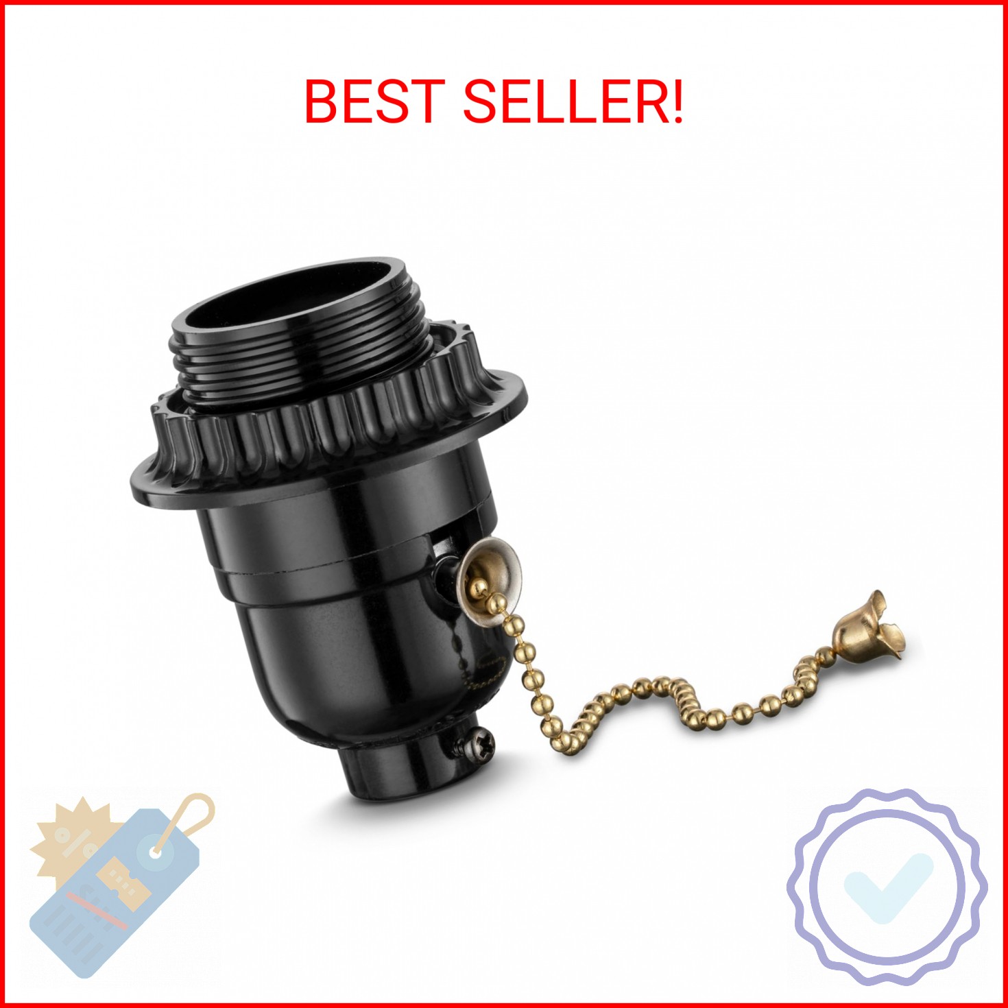 Pull Chain Light Bulb Socket With Shade Ring, E26 Replacement With ON/Off Switch