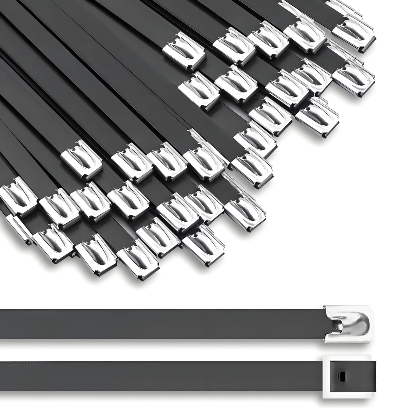 30PCS 11.8" Black Epoxy Coated Metal Zip Ties, Heavy Duty Self-Locking Stainless