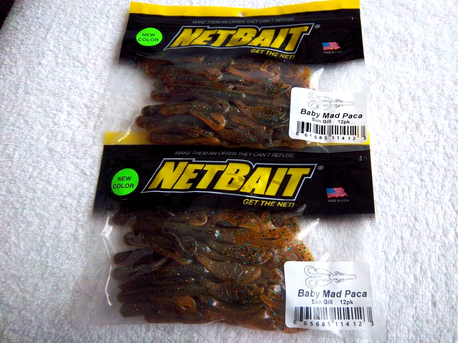 (LOT OF 2 PKS)-NETBAIT BABY MAD PACA LURES 4" IN THE COLOR SUN GILL 12-PER PACK
