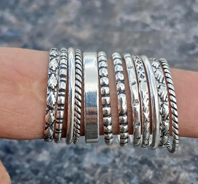 Sterling Silver Stacking Rings Set - Thin, Thick, Dotted Patterns Ring All Size
