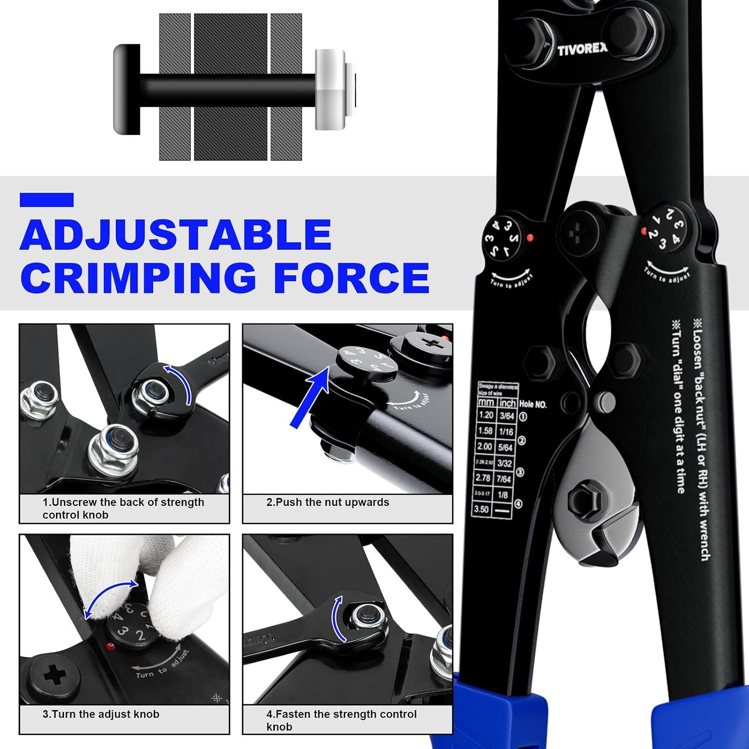 Tivorex Blue Crimping Tool Kit with Built-in Cutter, Swaging Tool for Loop Sleev
