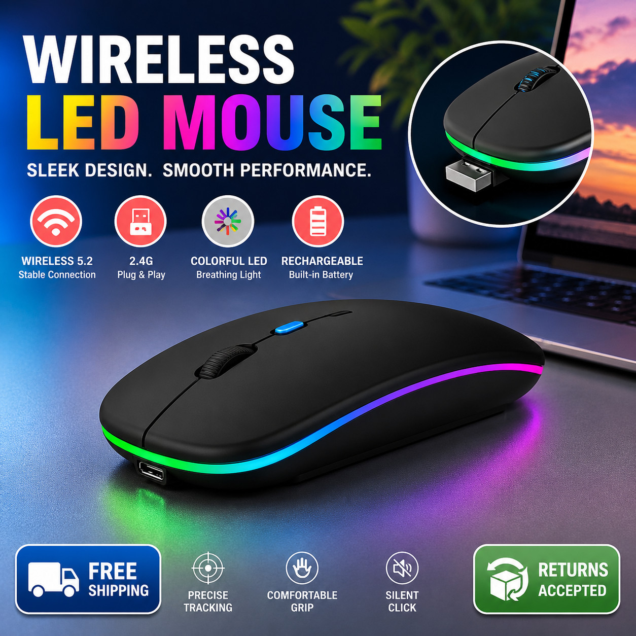 Rechargeable Wireless Mouse Bluetooth 2.4G LED Slim for PC Laptop Mac iPad