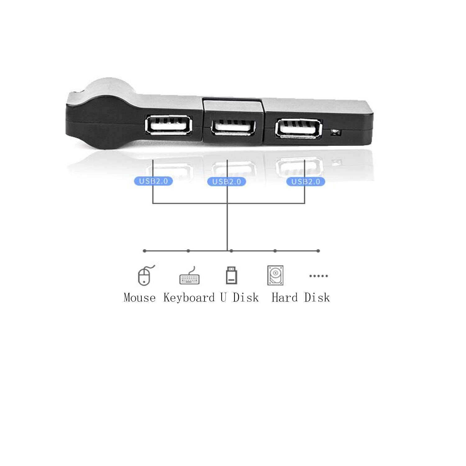 Black Mini USB 2.0 Hub 4-Port 90/180 Degree Rotatable USB Hub Extension