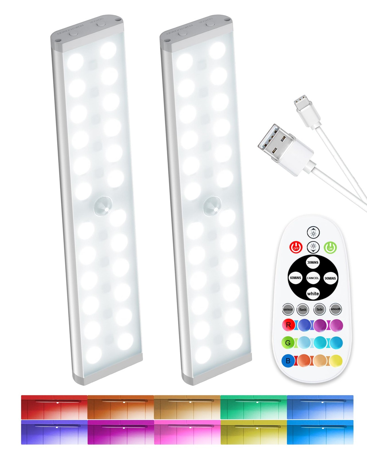 Rechargeable Motion Sensor Night Lights, 58-LED RGB Under Cabinet Lights (2 Pack