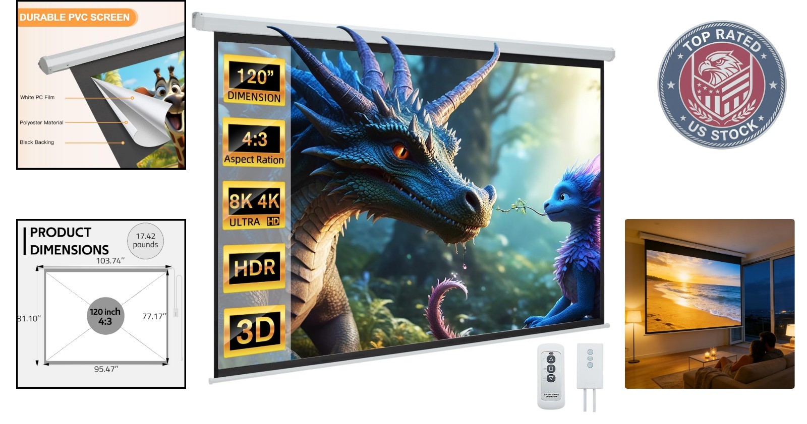 120" Motorized 4:3 Projector Screen 4K HD Electric Automatic Retractable, Remote