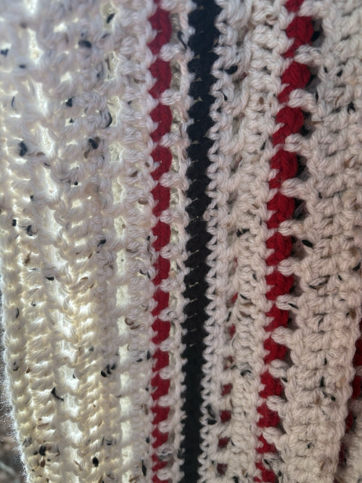 Crocheted Scarf Speckled Beige With Red And Black Stripes 7’ Handmade