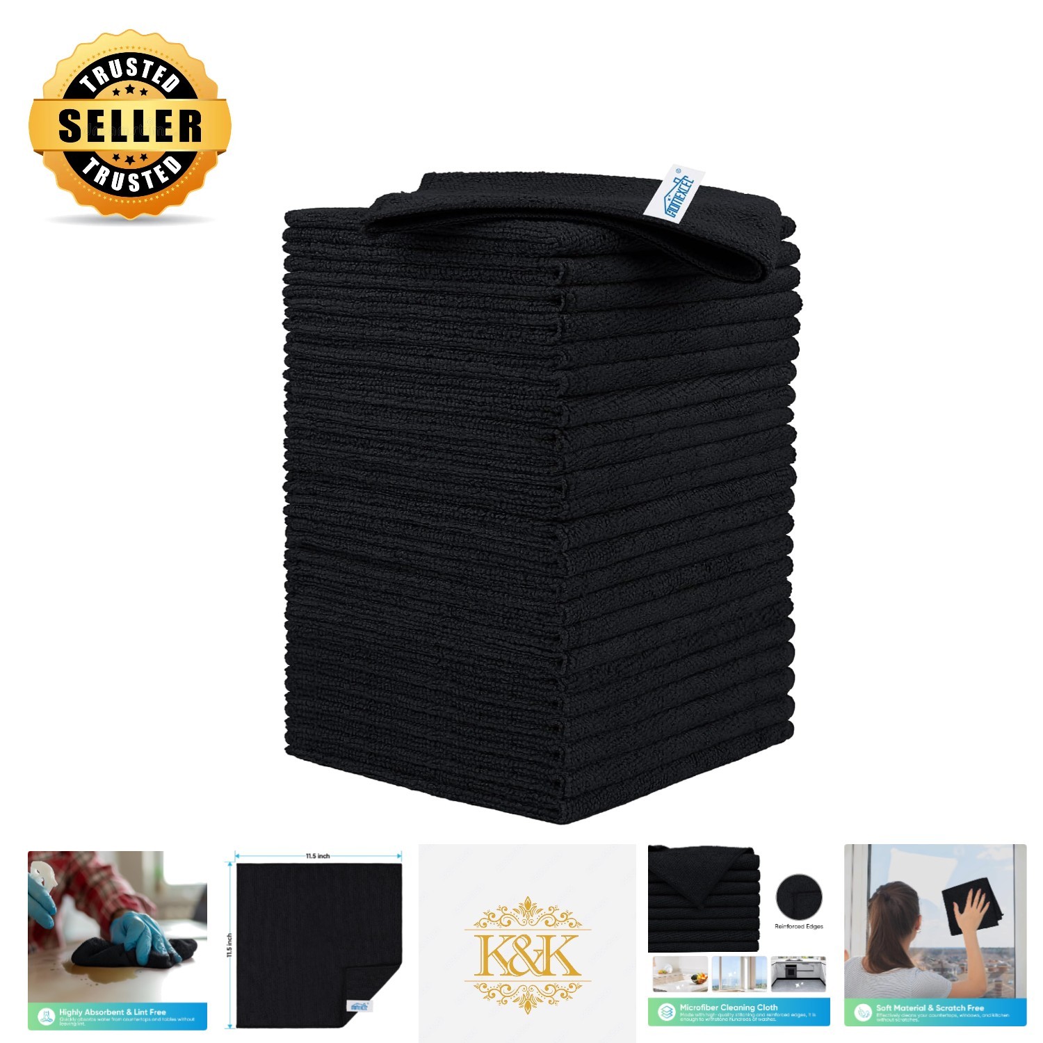 24PK Ultra-Absorbent Microfiber Cleaning Cloths 11.5x11.5in - Eco-Friendly Black