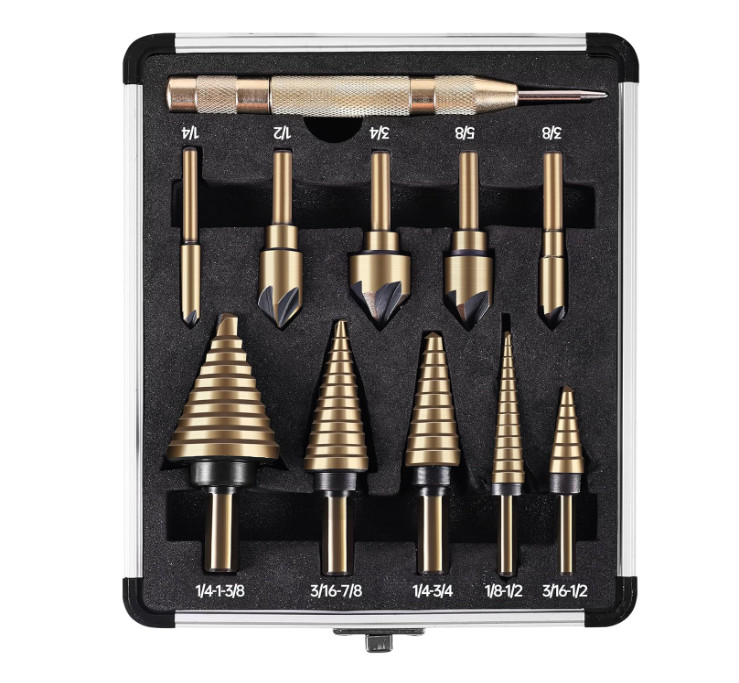 Brocas escalonadas y avellanadoras HSS de titanio con estuche de aluminio, 50 ta