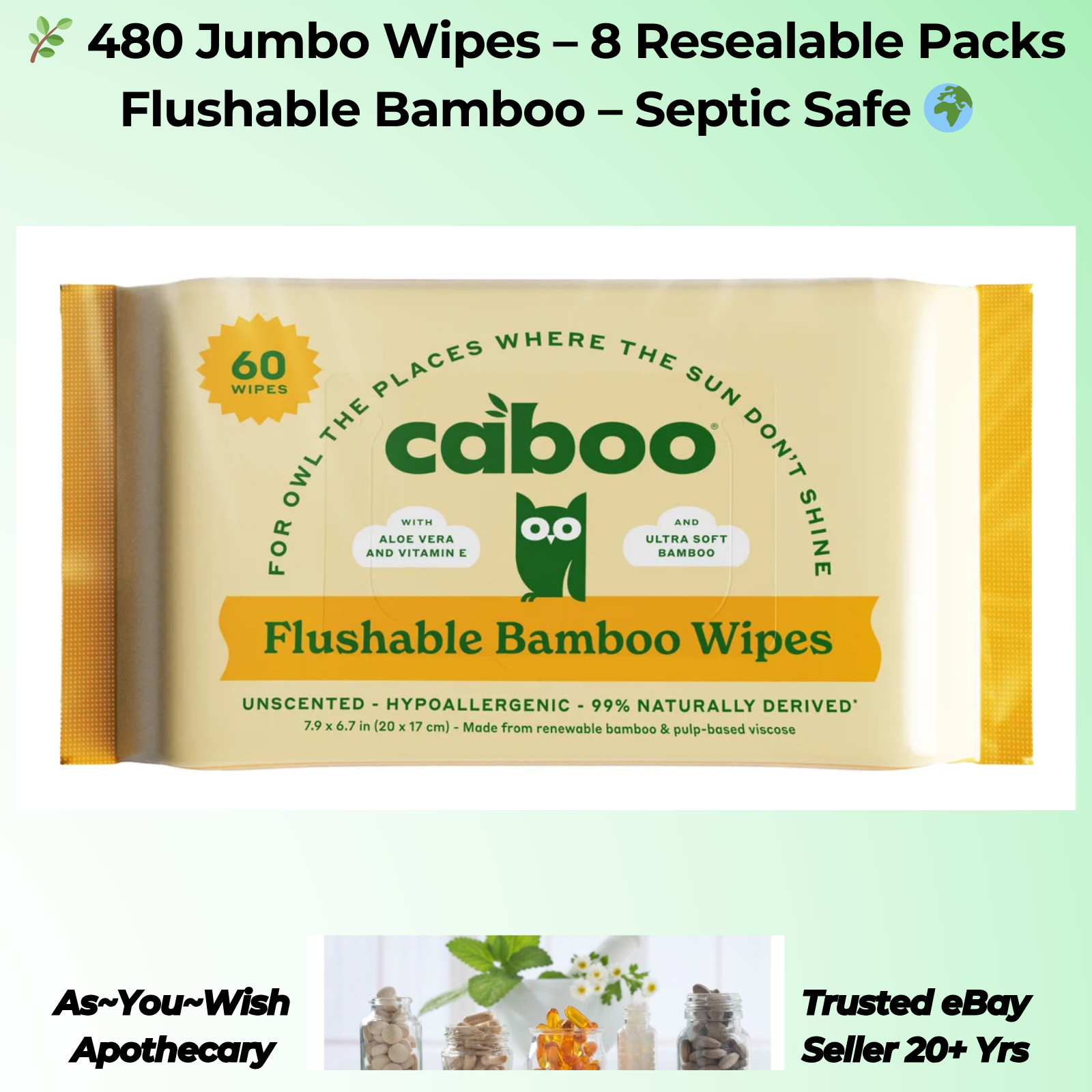 Caboo Flushable Wipes 480ct Bamboo Unscented Jumbo Septic Safe Biodegradable