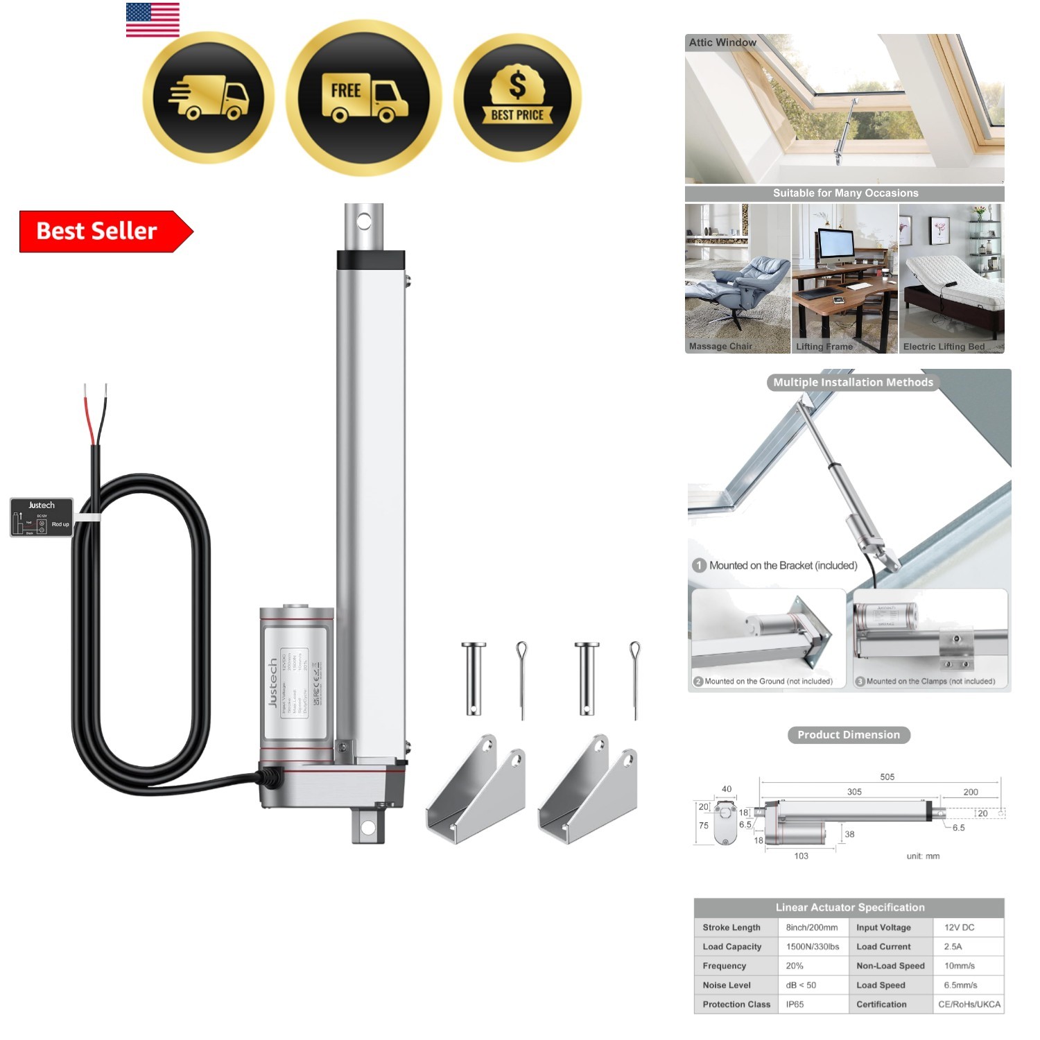 12V Heavy Duty Linear Actuator 330LBS/1500N-8inch/200mm Silent  Waterproof El...