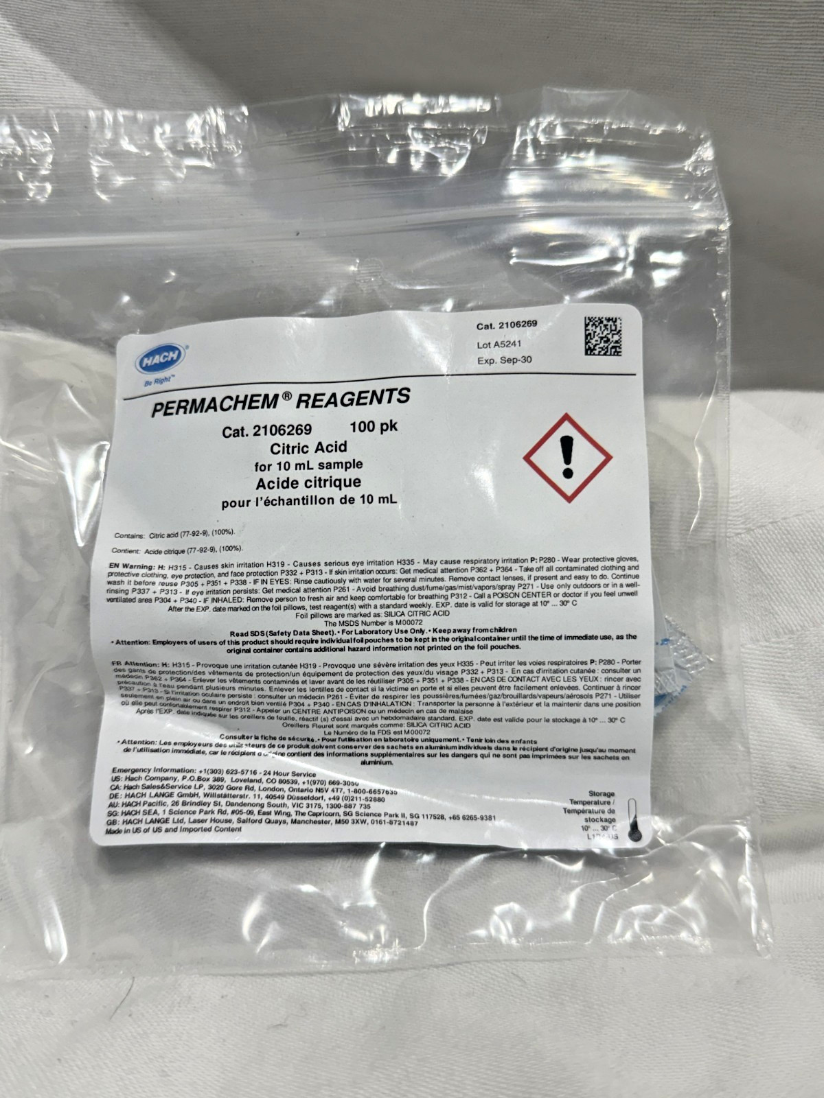 New Hach 2106269 Citric A Chlorine Reagent Powder Pillow For 10 mL Sample Pk/100