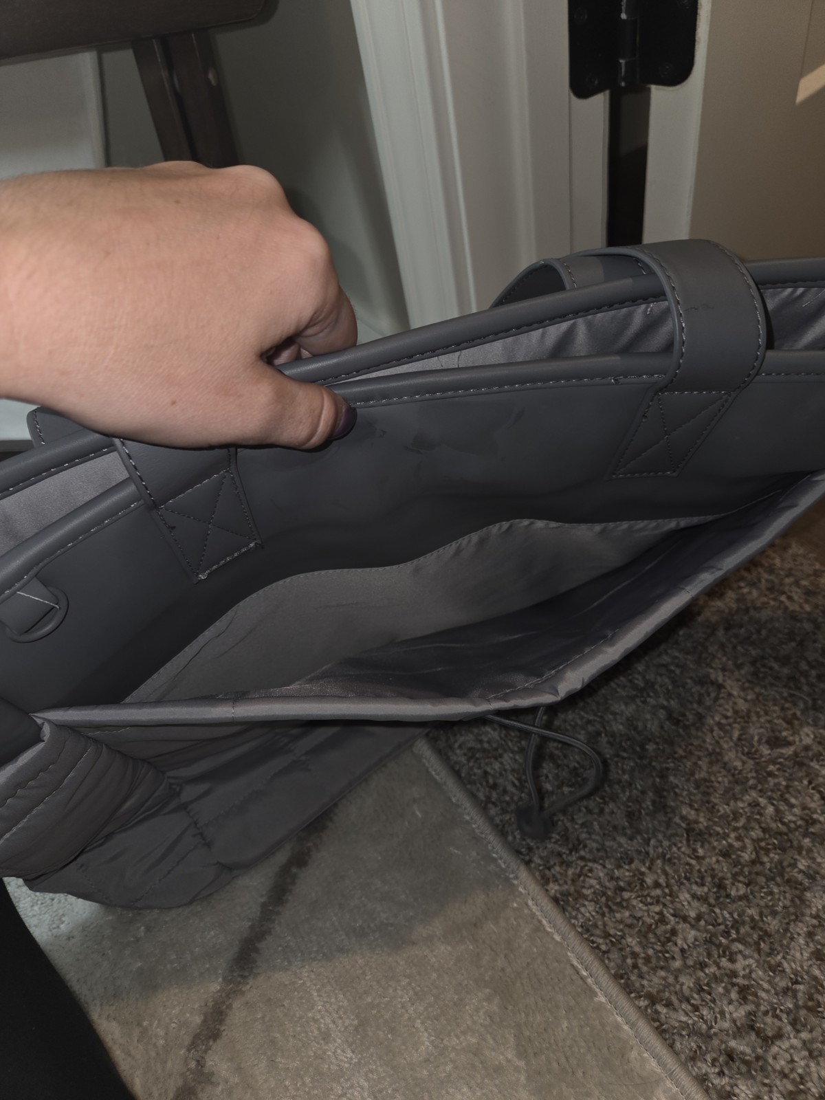 Gray Solid Quilted Laptop Bag Tote with Outer Pockets & Detachable Strap